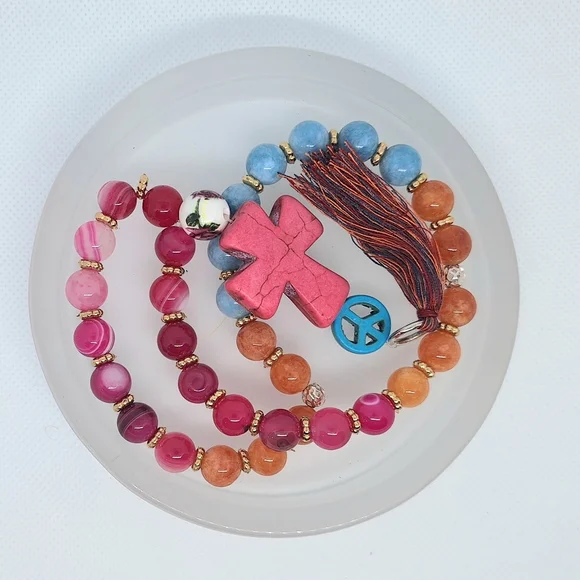 Colorful Prayer/ Meditation Beads with Cross and Peace Charm - Picture 2 of 2